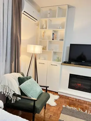 a living room with a chair and a fireplace at Apartman Ogledalce, 51m2, potpuno opremljeno, Kruševac Smeštaj in Kruševac