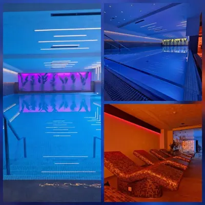 a collage of three pictures of a swimming pool at Residence Lux apartman & Spa in Niš
