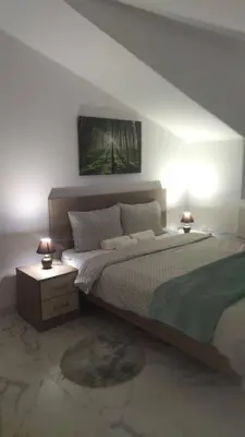 a bedroom with a large bed and two night stands at Cera maximus apartment in Soko Banja