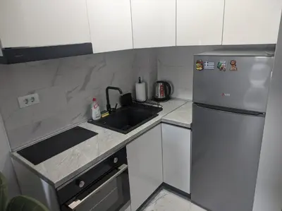 a small kitchen with a sink and a refrigerator at Cera maximus apartment in Soko Banja