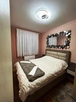 a bedroom with a bed with a mirror on the wall at KARENJINA Apartmani in Vranje