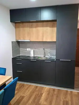 a kitchen with black cabinets and a sink at Apartman Simona President Kop in Kopaonik