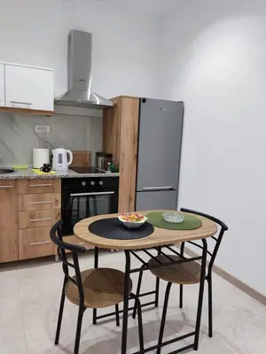 a kitchen with a table and chairs and a refrigerator at Apartman Novak Luxury in Aleksandrovac