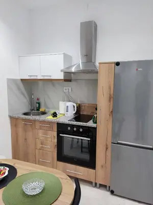 a kitchen with a stove and a refrigerator at Apartman Novak Luxury in Aleksandrovac