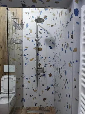 a bathroom with a shower and a toilet at Apartman Novak Luxury in Aleksandrovac