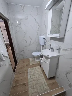 a bathroom with a toilet and a sink and a mirror at Apartman Kocić in Temska