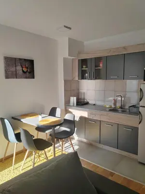 a kitchen and dining room with a table and chairs at For You Vrnjačka Banja in Vrnjci