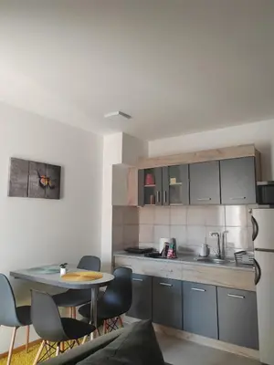 a small kitchen with a table and a refrigerator at For You Vrnjačka Banja in Vrnjci