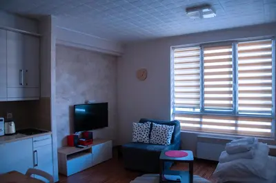 a living room with a blue chair and a television at Lux Studio Kraljevi Čardaci in Kopaonik