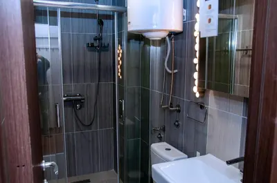 a bathroom with a shower with a toilet and a sink at Lux Studio Kraljevi Čardaci in Kopaonik