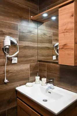 a bathroom with a white sink and a mirror at Zeleni vrh A03 in Kopaonik