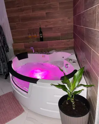 a pink bath tub with a plant in a bathroom at Pink Apartmani in Jagodina