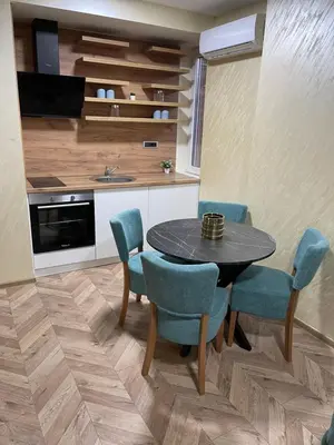 a kitchen with a table and chairs in a room at Pink Apartmani in Jagodina