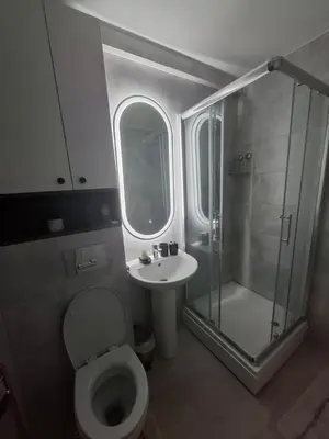 a bathroom with a shower and a toilet and a sink at Astera 2 in Vrnjci