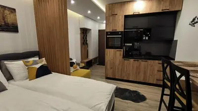 a hotel room with a bed and a kitchen at Kopaonik, Apartman FORELIA, Residence hill in Kopaonik