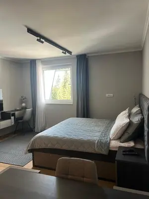 a bedroom with a bed with a window and a desk at Mountain stars Kopaonik in Kopaonik