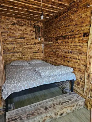 a bed in a room with a wooden wall at Ribnjak Filopivic in Pleš