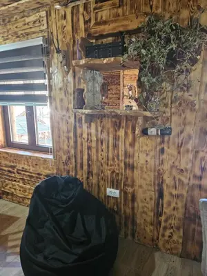 a room with a wooden wall with a black bean bag at Ribnjak Filopivic in Pleš