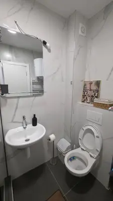 a white bathroom with a toilet and a sink at KopStar Apartment Kopaonik 19 in Kopaonik