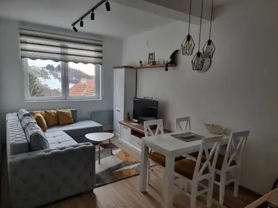 a living room with a couch and a table at KopStar Apartment Kopaonik 19 in Kopaonik