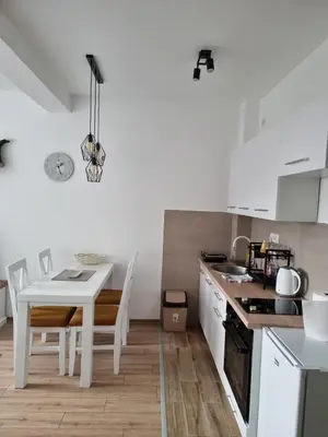 a white kitchen with a table and a white table and chairs at KopStar Apartment Kopaonik 19 in Kopaonik
