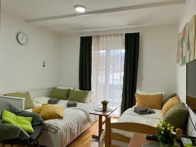 a living room with two beds and a couch at Apartman Green in Vrnjačka Banja