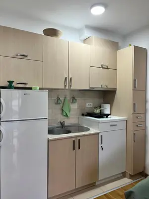 a kitchen with a white refrigerator and a sink at Apartman Green in Vrnjačka Banja