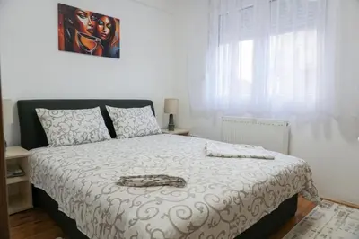 a bedroom with a bed with a white comforter at Apartman Petar i Dunja in Vranje