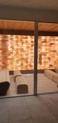 two benches in a room with a wall of wood at Sunčani Breg app 8 in Kopaonik