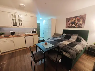 a bedroom with a bed and a table and a kitchen at Apartman Alastra AP 02 President Kop in Kopaonik