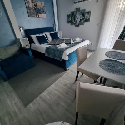 a bedroom with a bed and a table and chairs at Apartman Plava nota in Vrnjačka Banja
