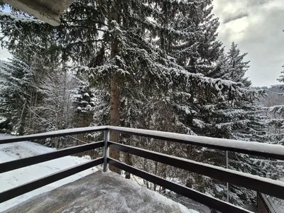 a balcony with snow covered trees and a fence at Mountain Nook in Kopaonik