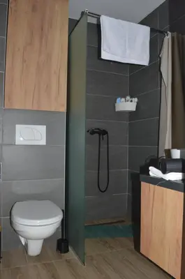 a bathroom with a toilet and a shower at Deluxe Mountain View Studio ViS in Residence Hill Hotel Kopaonik in Kopaonik