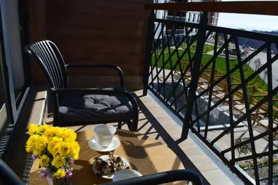a table and chairs on a balcony with a table and flowers at Deluxe Mountain View Studio ViS in Residence Hill Hotel Kopaonik in Kopaonik