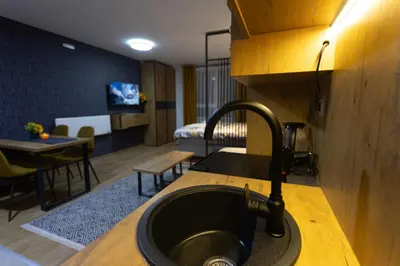 a kitchen with a sink and a living room at Porta Porta 22 Kopaonik - free garage in Kopaonik