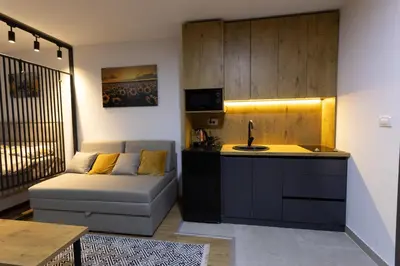a living room with a couch and a kitchen at Porta Porta 22 Kopaonik - free garage in Kopaonik