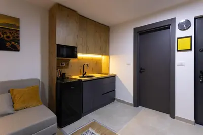 a living room with a couch and a kitchen at Porta Porta 22 Kopaonik - free garage in Kopaonik