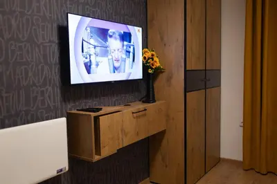 a tv on a wall with a vase of flowers at Porta Porta 22 Kopaonik - free garage in Kopaonik