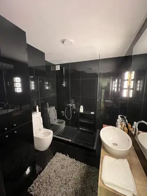 a bathroom with two toilets and a sink and a tub at Aurora Nis in Niš