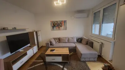 a living room with a couch and a flat screen tv at Konatar Apartmants in Kruševac