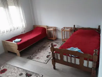 a bedroom with two beds and a red blanket at Nebo in Soko Banja