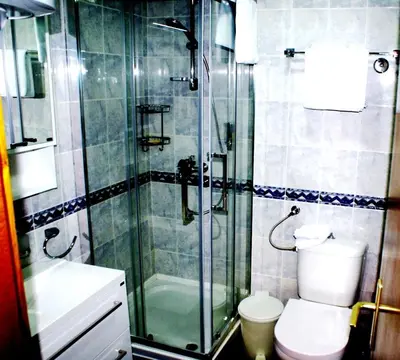 a bathroom with a shower and a toilet and a sink at Vila Nikola 202 centar in Kopaonik