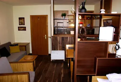 a living room with a couch and a table in a room at Vila Nikola 202 centar in Kopaonik