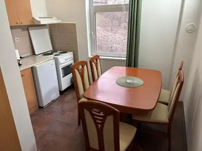 a small kitchen with a wooden table and a table and chairs at Apartments Ozren in Soko Banja