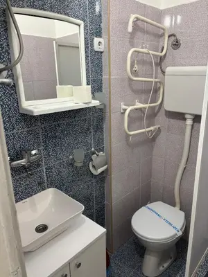 a bathroom with a sink and a toilet and a mirror at Apartments Ozren in Soko Banja