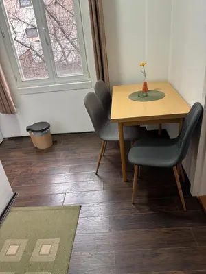 a dining room with a table and chairs and a window at Apartments Ozren in Soko Banja
