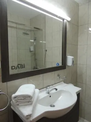 a bathroom with a sink and a shower and a mirror at Guest House Dabi in Kruševac