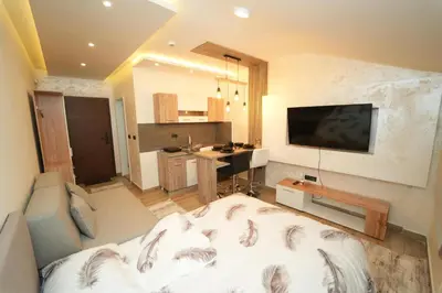 a living room with a bed and a kitchen at Residence Hill - Planinski Kutak in Kopaonik