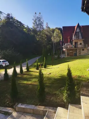 a view of a yard with trees and a house at Vlasinska Bajka in Vlasina Rid