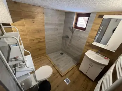 a bathroom with a shower and a sink at Vlasinska Bajka in Vlasina Rid